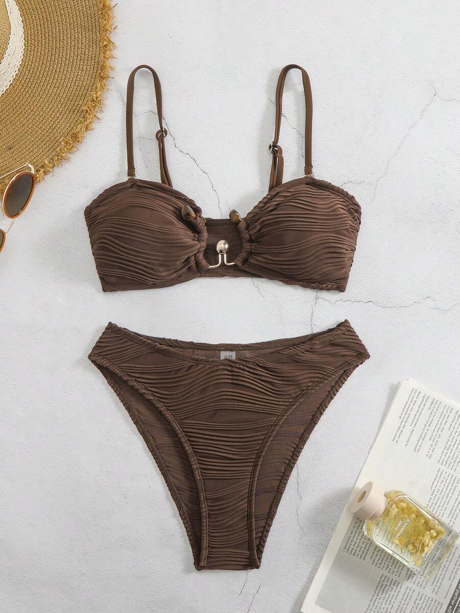 Swim Vcay Women's Solid Color Textured Swimsuit Set, For Vacation & Beach For Summer - Brown - View 1