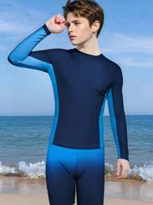 Teen Boy Solid Round Neck Long Sleeve Swimsuit, Minimalist & Fashionable, Suitable For Summer - Multicolor - View 4