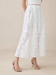 BizChic Novo Festival de Música de Verão 2025, Adequado para Convidados de Casamento, Brunch, Estilo Urbano Chique, Casual Romântico Versátil, Elegante Diário de Trabalho, Temporada de Casamento, Festival de Música, Formatura, Saia Longa Bordada Jacquard Floral Branca Transparente - Branco - Visão 3