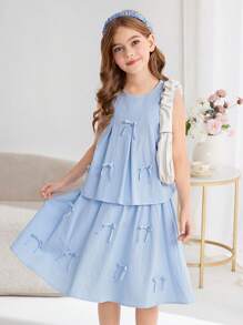 SHEIN Tween Girls Comfort Solid Color Crew Neck Sleeveless Top And A-Line Skirt Set - Blue - View 4