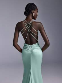 SHEIN Belle Elegant Satin Glossy Minimalist Formal Dress, Sexy V-Neck Cross Back With Gathers, Extra-Large Flared & Fishtail Hem Train For Gala Events, Party Dress, Gown, For Evening, Wedding Guest