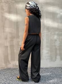 Coolane Kids 青少年女孩春夏街头服饰黑色高腰无袖短款上衣套装两件套服装青少年女孩无袖纽扣编织上衣，搭配宽松直筒裤，2 件套 - 黑色 - 查看 2