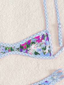 SHEIN Swim 女士 2 件套夏季沙滩装套装，随机印花细肩带泳衣上衣和三角比基尼泳裤，休闲沙滩装 - 彩色 - 查看 4