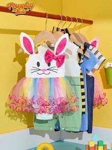 SHEIN 适合复活节的新生兔子造型服装，可爱的兔子表情图案，3D 兔耳朵，3D 蝴蝶结装饰，网眼公主裙，适合舞台表演、户外游戏、拍照、生日派对 - 彩色 - 查看 7