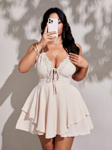 Viva Relle Plus Size Women's Elegant Suspender Tied Lace Decor Fashionable Jumpsuit, Versatile Spring/Summer New Arrival, Short Style - Apricot - View 1