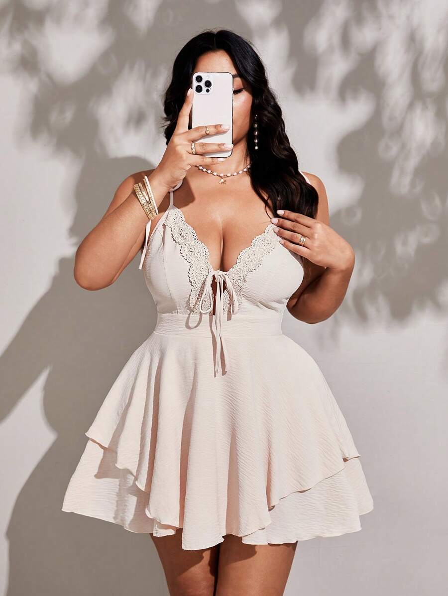 Viva Relle Plus Size Women's Elegant Suspender Tied Lace Decor Fashionable Jumpsuit, Versatile Spring/Summer New Arrival, Short Style - Apricot - View 1