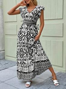 SHEIN LUNE V-Ausschnitt Rüschen Saum Puffärmel Taille gedrafft Rüschen Saum A-Linie Kleid, lässiges Urlaubs Blume Muster Damenkleid