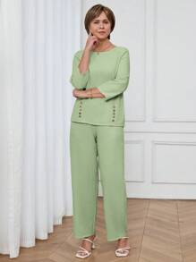 Miaspire Women's Casual Commuting Solid Color Shirt And Pants 2 Pieces Set