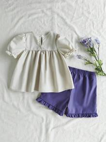 Vintaside Kids 2 件年轻女孩休闲复古乡村风格刺绣花卉短袖上衣和短裤套装，适合夏季和户外度假