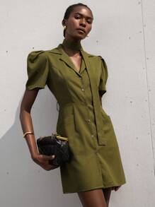 Aveloria Modichic 高端款式翻领泡泡袖短袖女式迷你连衣裙 - 軍綠色 - 查看 4