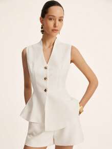 Chiquease Áo vest không tay kiểu Pháp thanh lịch có nút kim loại thắt eo - trắng - Xem 6