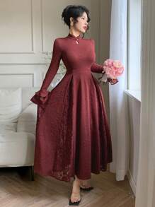 DAZY Fall New Elegant Textured Mid-Long Dress, Suitable For Music Festivals - Burgundy - View 3
