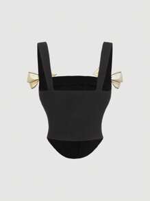 SHEIN MOD Women's Black Knitted Crop Camisole With Delicate Satin Bow Shoulder Straps And Asymmetrical Hem - Black - View 2