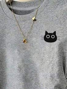 Sparklyn Tween Girls' Casual Minimalist Black Cat Print Short Sleeve T-Shirt