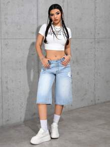 SHEIN EZwear 女士宽松破洞口袋阔腿七分休闲牛仔裤