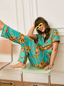 Leopard Print Lapel Top & Pants Pajama Set For Ladies - Multicolor - View 6