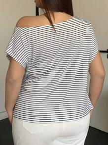 Dazy Plus Black & White Striped Asymmetric Open Shoulder Short Sleeve T-Shirt, Spring/Summer - Black and White - View 2