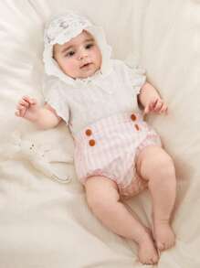 SHEIN 2pcs/Set Infant/Newborn/Toddler Girls' Cozy Button-Decor Striped Shorts Set, Spring/Summer New Arrival, Suitable For Daily Outings, Vacations, And Birthday Party - Multicolor - View 13