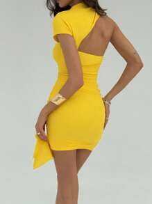 Aloruh Nuovo mini abito aderente asimmetrico a una spalla di colore giallo, con design che stringe in vita, sexy e alla moda