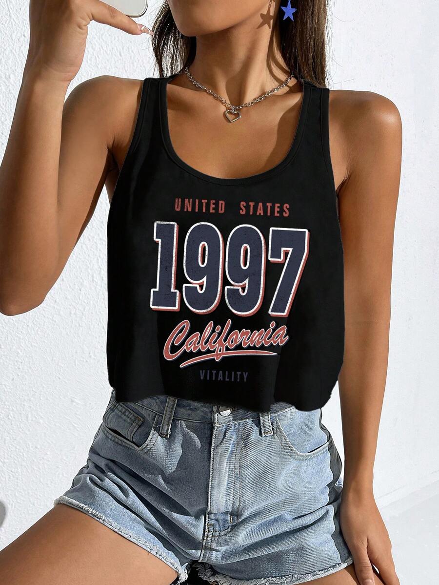 SHEIN EZwear Women's Casual Retro 1997 English Text Graphic Loose Cropped Tank Top, Suitable For Summer Back To School - Black - View 1