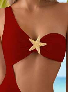 Swim Vcay Women Spring Break Sexy Vacation Backless One Shoulder Pink Summer One-Piece Swimsuit - Burgundy - View 3