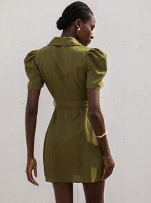 Aveloria Modichic 高端款式翻领泡泡袖短袖女式迷你连衣裙 - 軍綠色 - 查看 5