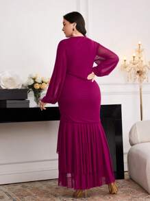 Modelyn Plus Size Elegant Solid Color Lantern Sleeve Dress Purple Fall - Red Violet - View 2