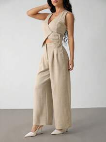 SHEIN PETITE Bộ vest và quần dài màu trơn dành cho nữ, thời trang cho mùa hè và mùa thu/đông - Màu be - Xem 7