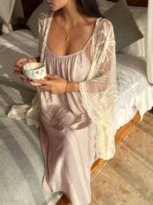 DAZY 2件套女士蕾丝吊带睡裙睡袍套装，宽松版型，秋冬服装 - 粉色 - 查看 4