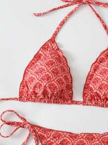 Swim Mod Women Summer Floral Print Spaghetti Strap Ruffle Cropped Top & Side Tie Beachwear 2 Pieces Bikini Set - Burnt Orange - View 4