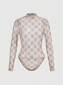 Women's Letter Print Mesh Long Sleeve Sexy Jumpsuit - Khaki - View 3