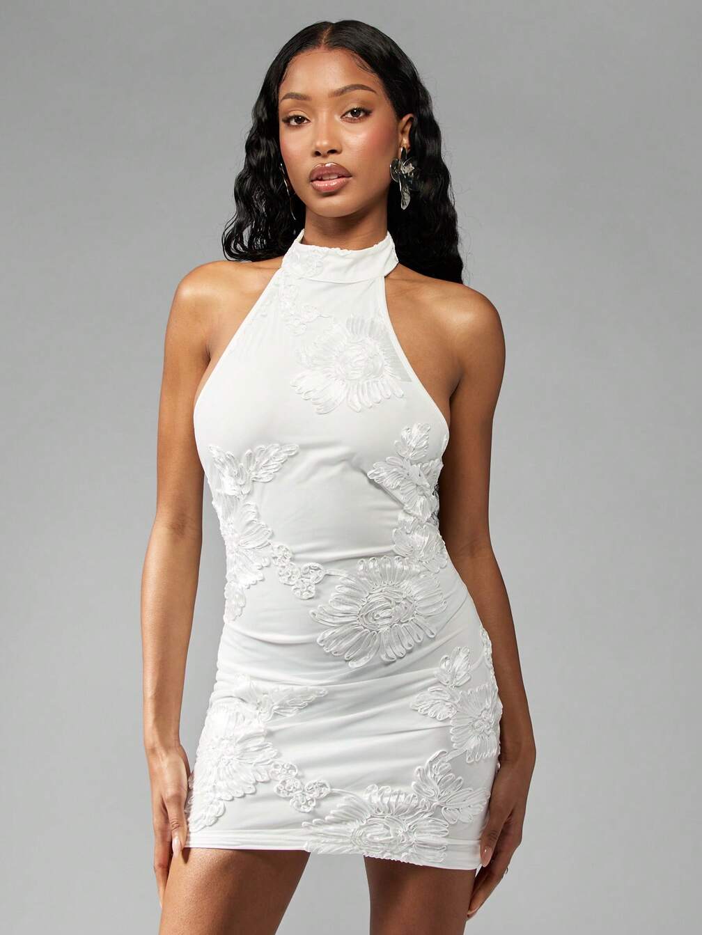 missguided embroidered dress MISSGUIDED Elegant 3D Floral Embroidered Halter Mini Dress Ruched Bodycon Party Wedding Guest Summer Spring Evening Special Occasion,XL
