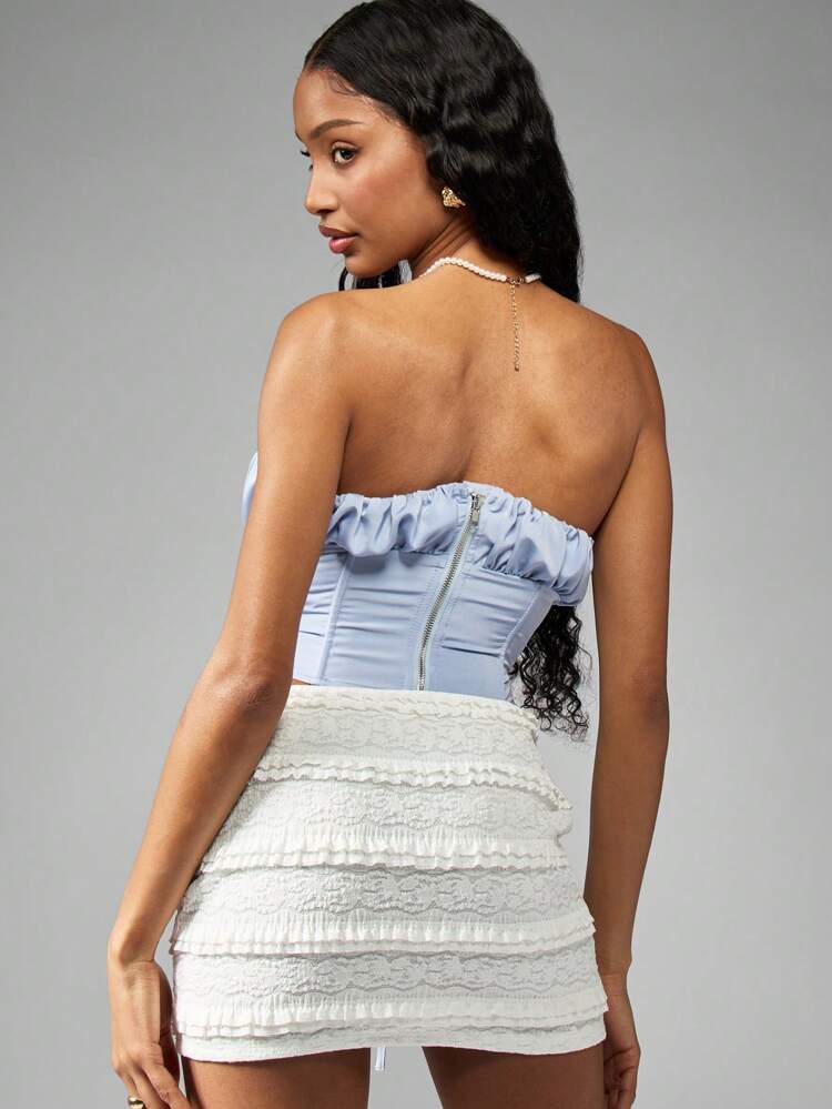 MISSGUIDED Geraffter Bandeau Crop Top aus Satin, trägerloses Korsett-Stil Sommer Party Club Abend Bustier mit Schnürung hinten