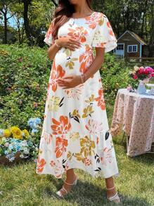 SHEIN Maternity Dress With Double Layer Ruffled Sleeves, Round Neck, Ruffled Hem Long Digital Print Dress - Multicolor - View 4