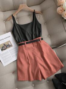 Franclia French Style Casual Versatile Striped Loose Khaki Wide Leg Pants, Bermuda Shorts For Women, Spring/Summer - Rust Brown - View 2