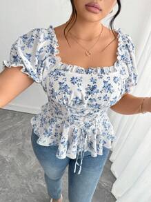 Elenzga Plus Size Women's Elegant Fashionable Versatile Square Neck Ditsy Floral Puff Sleeve Ruffled Hem Back Tied Bow Button Front Blouse - Blue and White - View 6