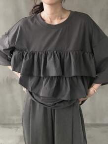 FRIFUL Women's Ruffle Trim Oversized T-Shirt, Summer Casual Wear - Grey - View 4