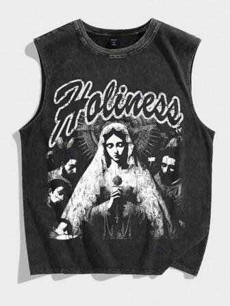 Street Life Camiseta sin mangas de cuello redondo con estampado de persona y letras lavada para hombre de verano