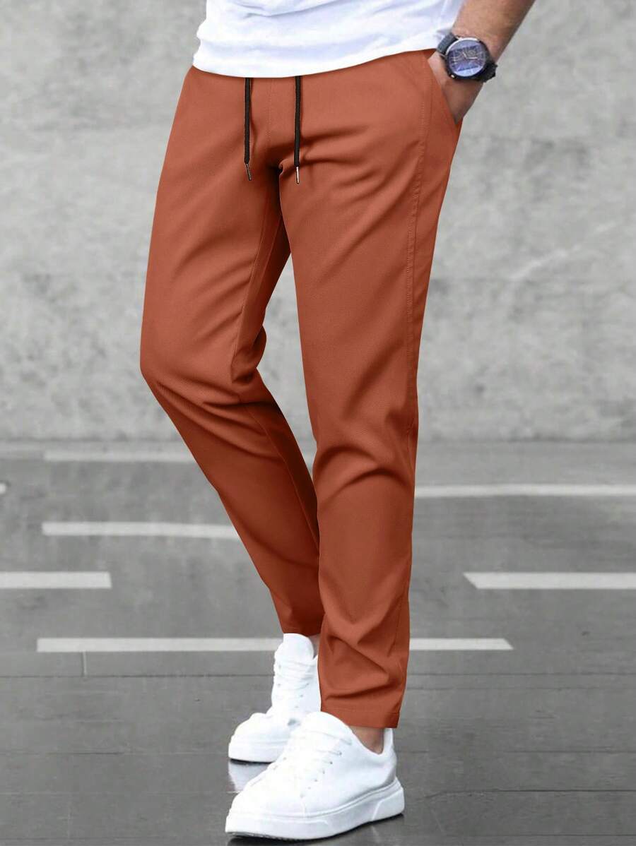 Manfinity Homme Men's Casual Drawstring Waist Slant Pocket Long Pants - Redwood - View 1