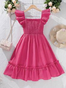 Tween Girl Sleeveless Solid Color Simple Fashion Casual Daily Dress - Hot Pink - View 2