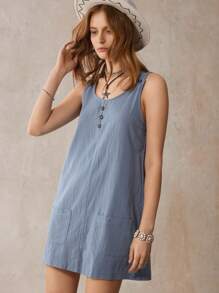 SHEIN LUNE Robe Sans Manches Unicolore À Bouton Avec Poches - Bleu azur - Voir 2