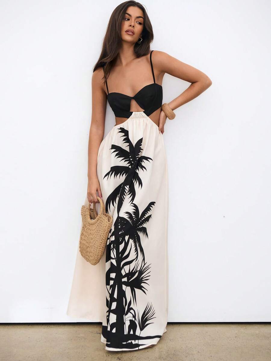 Aloruh 波西米亚假日椰子树印花拼色露背连衣裙 - 彩色 - 查看 1