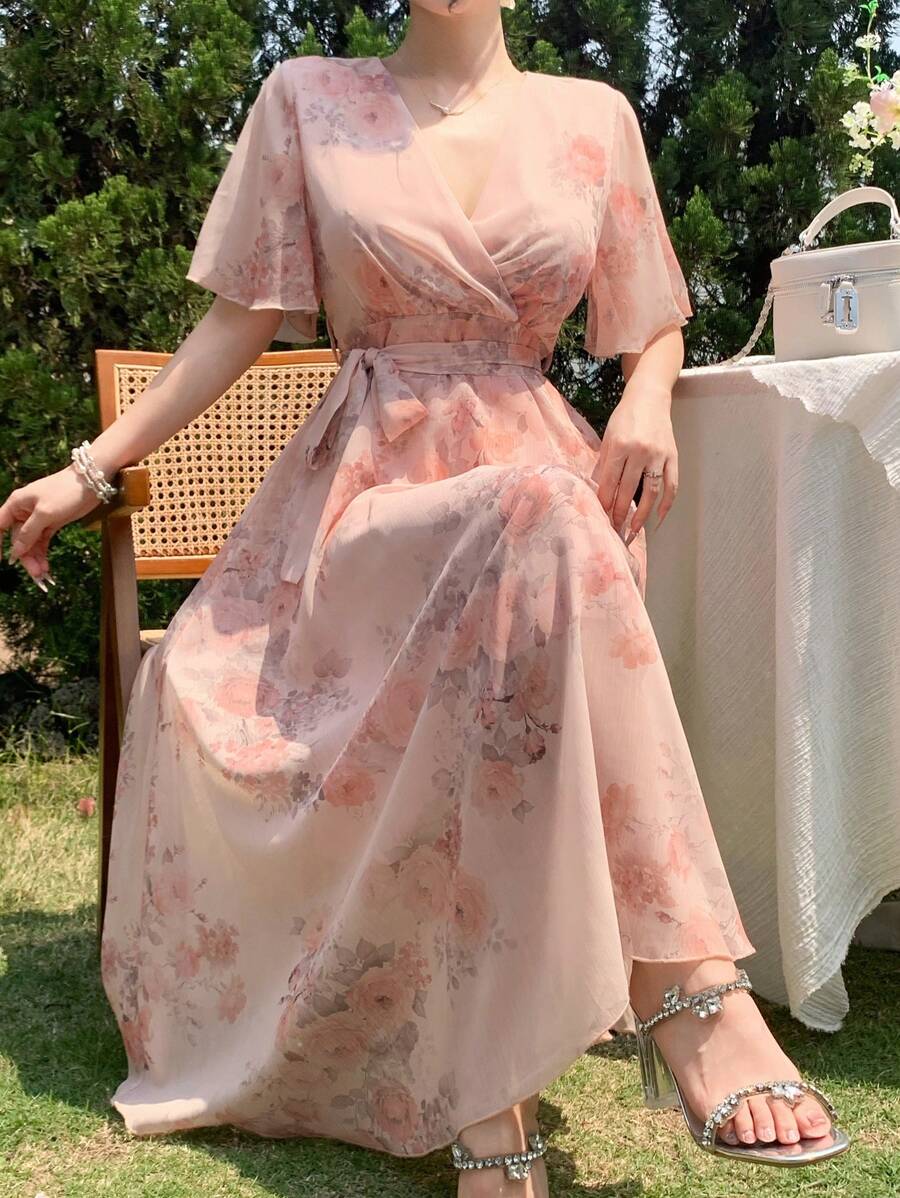 DAZY 夏季新款优雅碎花长裙，音乐节风格 - 粉色 - 查看 1