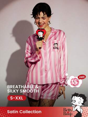 BETTY BOOP X LUVLETTE LUVLETTE Silky Satin Basic Pink Stripe Patterned Button-Up Top & Shorts Women Loungewear Pajama Set Pants With Pockets Lingerie Bridal Intimates, Fall Clothes