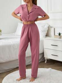 SHEIN Cottnline COTTON Women 2 Pcs Button Front With Pocket Detail Solid Coloue Homewear PJ Set - Dusty Pink - View 5