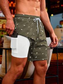 Manfinity Swimmode Men's Shark Print Drawstring Waist Dual Pocket Beach Shorts,Hawaiian - Multicolor - View 1