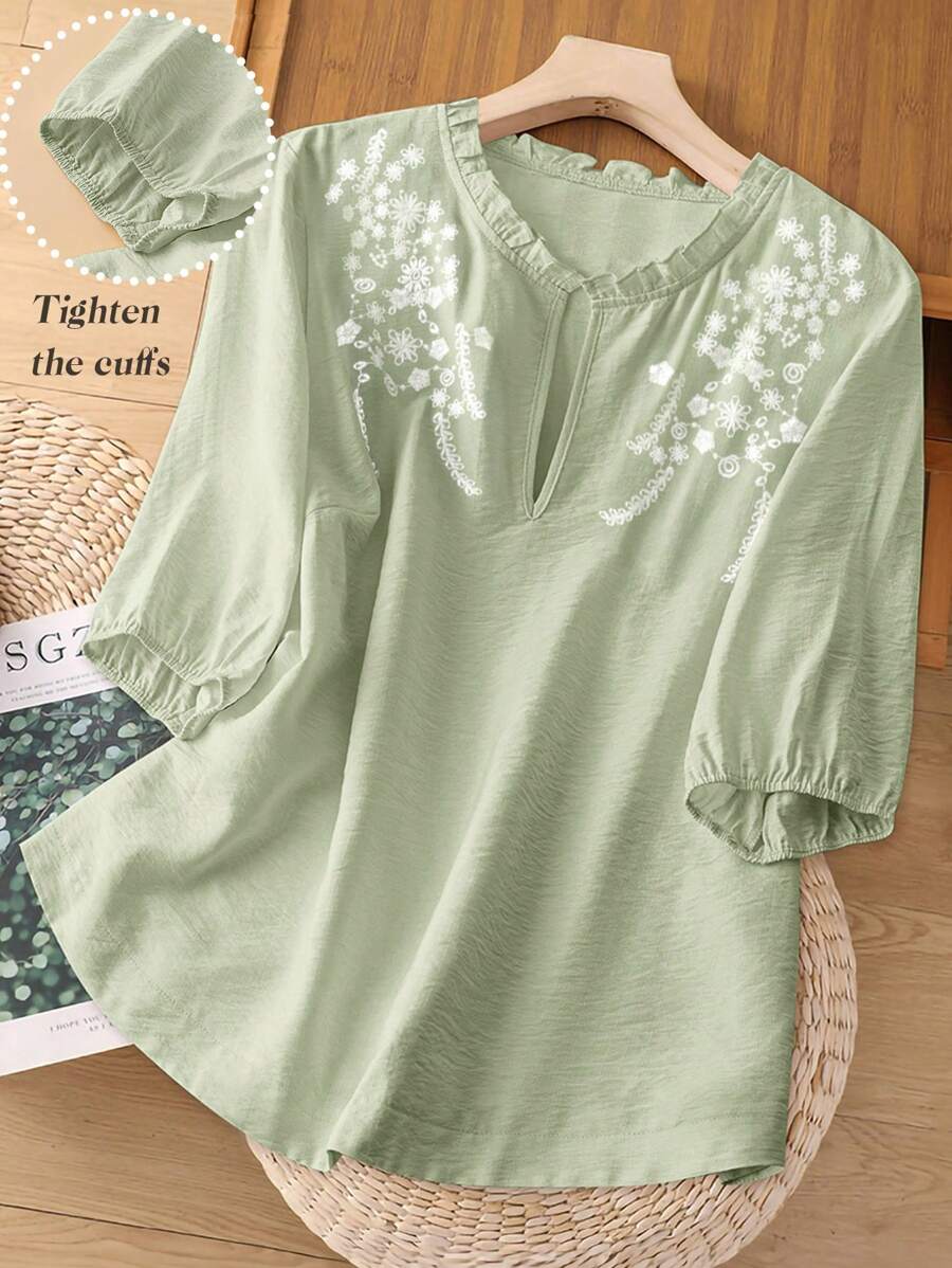 Linhara Plus Size Embroidered Frill Hem Linen-Like Shirt - Mint Green - View 1