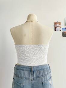 Soleia Plus Size Women's Textured Bandeau Crop Top, For Vacation - White - View 7