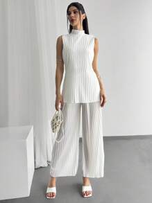 Firerie Ensemble chic de 2 pièces femme, Top sans manches col roulé élégant, sophistiqué, romantique, décontracté/travail et pantalon droit plissé taille haute blanc - Blanc - Voir 8