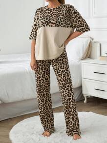 RueChic Women 2pcs Block Colour Detail Short Sleeve Shirt And Leopar Pattern Long Bottoms Homewear Set - Multicolor - View 6